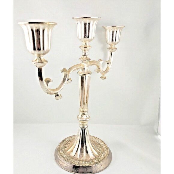 Candelabra-3 Holder-Zinc Plated-England-Blue Felt Bottom-Vintage- 10in x 10in - Picture 2 of 8